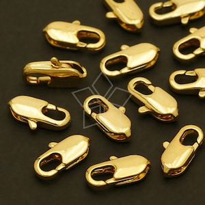 CS-032-GD / 10 Pcs - Slim and Solid Brass Lobster Clasp, DIY Jewelry Making Findings, Gold Plated over Brass / 10mm x 5mm