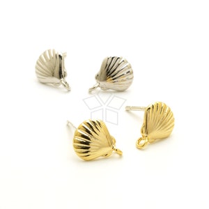May include: Four seashell-shaped stud earrings. Two are silver-colored, and two are gold-colored. Each earring has a post for piercing and a small loop at the bottom. The earrings are on a white background.