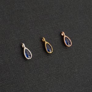 SV-170-OP / 2 Pcs - Mini CZ Drop Charms Sapphire Color Cubic Zirconia, Bezel Drop Charm Pendant, 925 Sterling Silver Bezel / 2.8x6.8mm