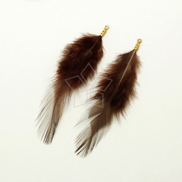 FT-039-BR / 2 pcs - Rooster Hackles Feather Pendant, Handmade Brown Feather Charm, Natural Bohemian Plume Pendant / 70mm