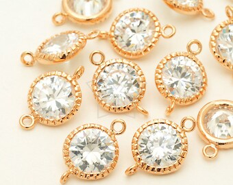 AC-588-RG / 2 Pcs - Vintage Round CZ Connector, Two Loops Cubic Zirconia Charm, Rose Gold Plated over Brass / 10mm x 15mm