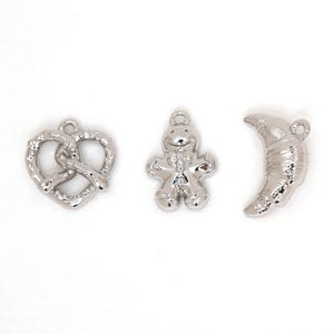 PD-2242-OR / 2 Pcs - Cookie Charms | Pretzel, Gingerman, Croissant | Rhodium Plated Brass Mini Charms for Earrings or Necklace Making