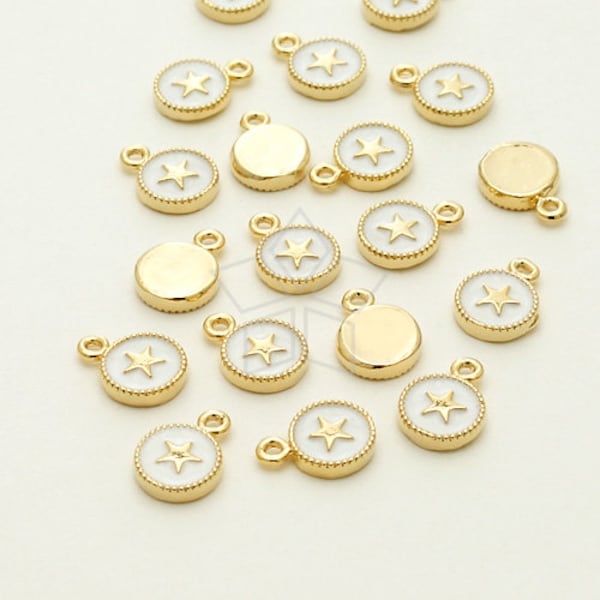 -830-GD / 2 Pcs - Mini charms époxy émail blanc rond (étoile), plaqué or 16K sur laiton / 6mm x 8mm