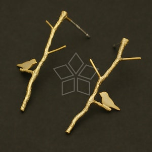 SI-456-MG / 2 Pcs - Tree and Bird Earrings, Twig Sprig Ear Posts, Matte Gold Plated, 925 Sterling Silver Post / 14mm x 30mm