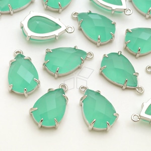 PD-2769-OR / 2 Pcs - Faceted Glass Tear Drop Stone Pendant (Mint Green Opal), Glass Drop Charms, Silver Plated Brass Setting / 8.9mm x 15mm