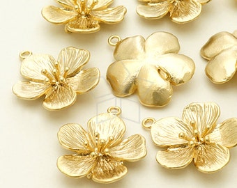 PD-1021-MG / 2 Pcs - Cherry Blossom Pendant S-Size, Flower Charms, Matte Gold Plated over Brass / 18mm x 21mm