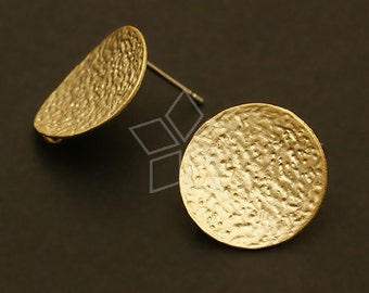 SI-094-MG / 2 Pcs - Bent Disc Earring Findings, Matte Gold Plated Leather Textured Post Studs, 925 Sterling Silver Post / 16mm