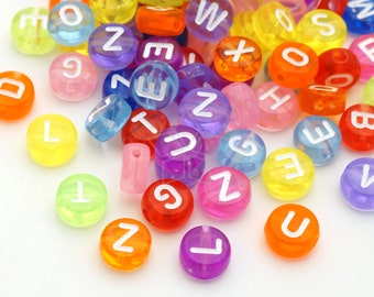 AR-100-MX / 50g - Transparent Multicolored Alphabet Letter Acrylic Beads, Disc Acrylic Initial, Name Bracelet Plastic Letter Charm / 7mm