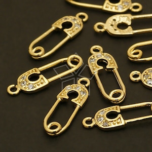 PD-240-GD / 2 st - Mini-juvelnålsberlocker, litet säkerhetsnålshänge, förgyllt över mässing / 6 mm x 18 mm