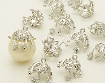 CP-049-OR / 2 Pz - Cappuccio con perline di fiori di edera con piolo, tappi con perline con impostazione CZ per la creazione di gioielli con perle fai-da-te, placcato in argento su ottone / 10-12 mm