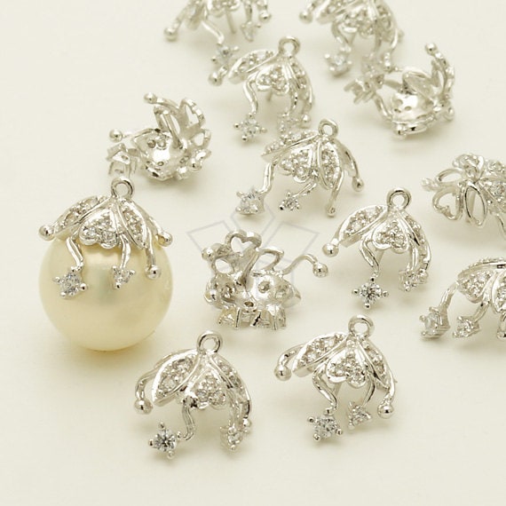 CP-049-OR / 2 Pcs - Ivy Flower Bead cap with Peg, CZ Stone Detail, Silver Plated over Brass / for 10mm - 12mm