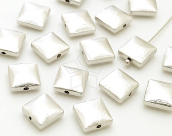 ME-040-MS / 4 Pcs - Metal Cushion Shape Beads, Brushed Finished Square Spacer Beads, Matte Silver Plated over Brass / 8mm x 8mm