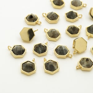 PD-3267-GD / 2 Stück - Kleiner Sechseck Form Natürlicher Edelstein Anhänger, schwarzer Labradorit, vergoldete Lünette Set / 8 mm x 9 mm