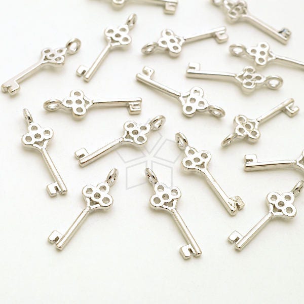 PD-2532-OR / 2 Pcs - Tiny Key Charms, Small Antique Key Pendant, Mini Crown Key Charms, Silver Plated over Brass / 5mm x 14mm