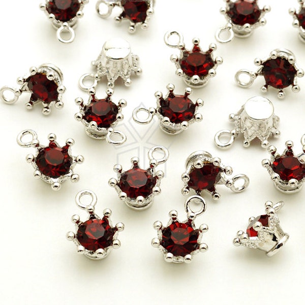 PD-1771-OR / 4 Pcs - Tiny Rhinestone Crown Charms, Siam Red Crystal Stone Dangle Pendant, Silver Plated over Pewter / 7.7mm x 10mm