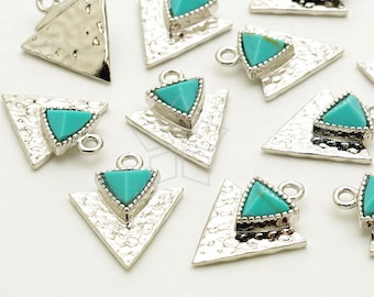 PD-1728-OR / 2 Pcs - Gemstone Tri-Force Pendant, Turquoise Gemstone, Silver Plated over Brass / 11mm x 14mm