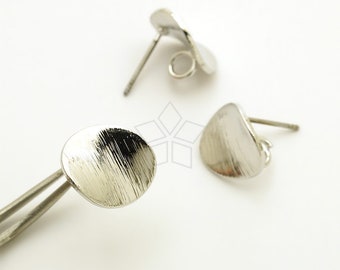 EA-328-OR / 2 Pcs - Curved Oval Plate Stud Earrings, Brush Textured Leaf Ear Posts, Rhodium Silver Plated, Surgical Steel Post / 11mm x 10mm