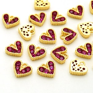 PD-2905-GD / 2 Pcs - Cute Heart Charms, Ruby Red Cubic Zirconia Serttings Heart Pendant, Gold Plated over Brass / 7.5mm x 6.8mm