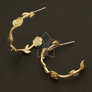 SI-277-MG / 2 Pcs - Rose Stem Earrings, Flower Hoop Ear Posts, Matte Gold Plated, 925 Sterling Silver Post / 26mm