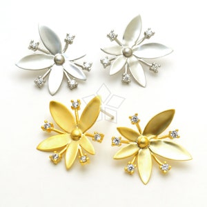 SI-366-OP / 2 Pcs - CZ Stamen Flower Earrings, Flower Ear Posts, .925 Sterling Silver Post, Choose Color / 20mm x 21mm
