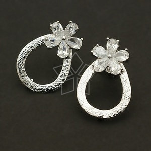 SI-170-MS / 2 Stück - Kreis und Blumen Ohrringe, matt versilbert, mit 925 Sterling Silber Post / 15mm x 22mm