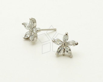 SI-596-OR / 2 Pcs - CZ Mini Blumen Ohrstecker, 925 Sterling Silber Ohrstecker, versilbert / 10mm x 10mm