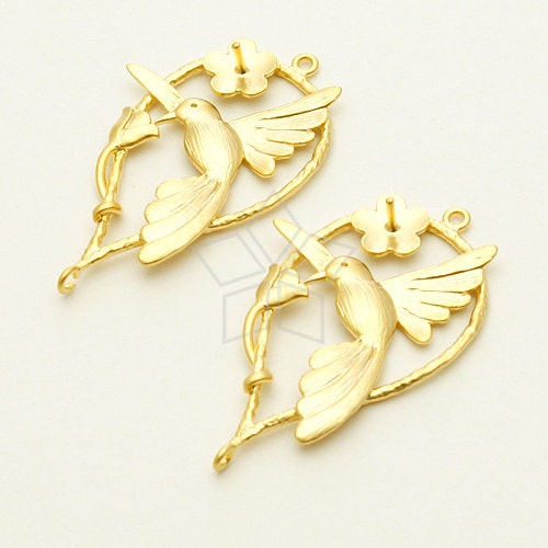 PD-937-MG / 2 Pcs - Bird Branch and Flower Pendant, Bird Teardrop