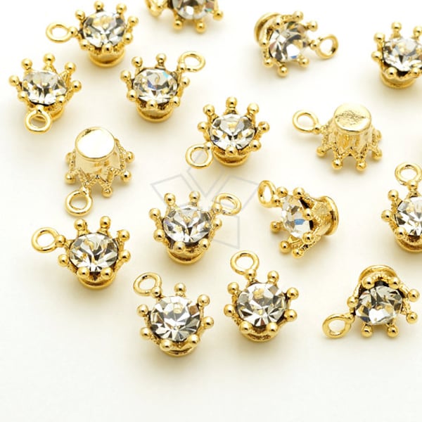 PD-1768-GD / 4 Pcs - Tiny Rhinestone Crown Charms, Tiara Charm Pendant (Crystal), Gold Plated over Pewter / 7.7mm x 10mm
