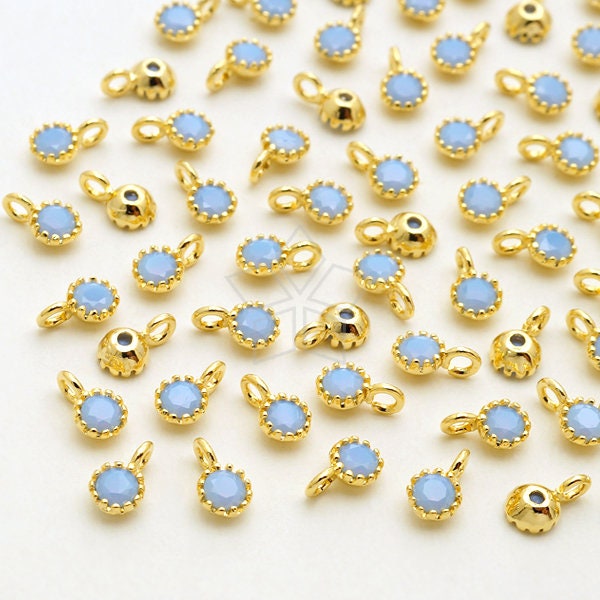 PD-2659-GD / 4 Pcs - Very Tiny Round CZ Charms (Sky Blue Opal), Mini Cubic Zirconia Charms, Gold Plated over Brass / 3.2mm x 5mm