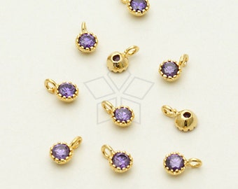 PD-738-GD / 4 Pcs - Very Tiny Birthstone Charms, February Birthstones, Amethyst CZ Pendant, Gold Plated over Brass Setting / 3.2mm x 5mm