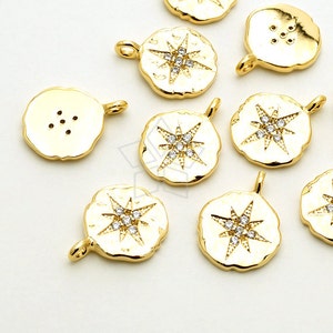 PD-1450-GD / 2 Pcs - CZ North Star Pendant, Textured Disc Pendant (Large Size), Gold Plated over Brass / 10.5mm x 14mm