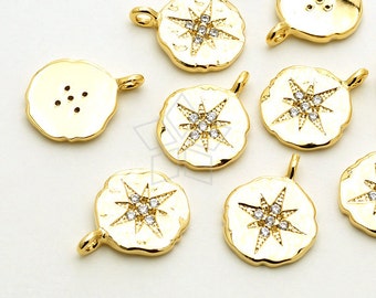 PD-1450-GD / 2 Pcs - CZ North Star Pendant, Textured Disc Pendant (Large Size), Gold Plated over Brass / 10.5mm x 14mm