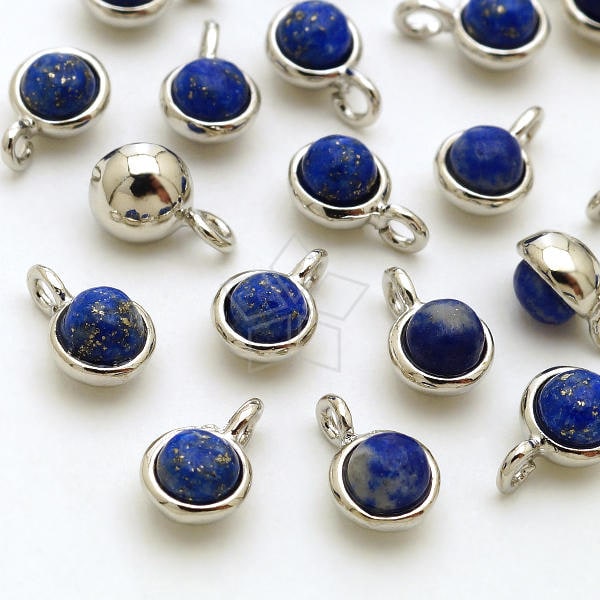 PD-2190-OR / 2 Pcs - Lapis Lazuli Round Charms, Tiny Round Gemstone Smooth Bezel Pendant, Silver Plated over Brass Bezel / 4.5mm