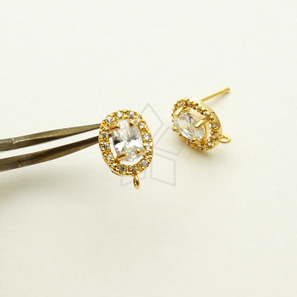 SI-583-GD / 2 Pcs - Single Halo CZ Oval Stud Earrings, Gold Plated Cubic Zirconia Ear Studs, 925 Sterling Silver Post / 7.5x11mm