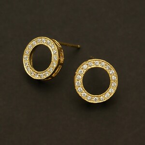 SI-240-GD / 2 Pcs - Ring Stud Earring Findings, Gold Plated CZ Round Circle Ear Posts, 925 Sterling Silver Post / 16mm