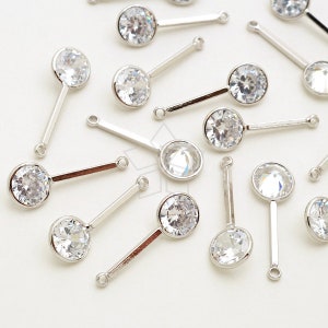 PD-2674-OR / 2 Pcs - Round Cubic Zirconia Clock Pendulum Stick Bar Pendant (Short Size), Silver Plated over Brass Bezel / 18mm
