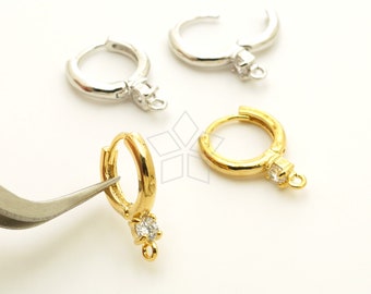 EA-343-OP / 2 Pcs - Single CZ Point Huggie Hoop Earring, Small Round Lever Back Ear Hoops, Earring Findings, Choose Color! / 12mm