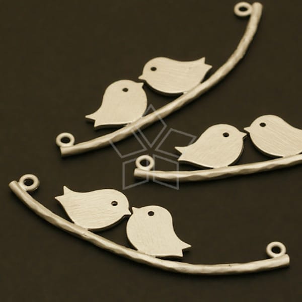XD-104-MS / 2 Pcs - Sideways Two Birds Pendant, Two Loops Twin Couple Birds Charm for Necklace, Matte Silver Plated over Brass / 47x11mm