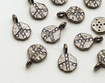 PD-1456-GM / 2 Pcs - CZ Peace Sign Circle Pendant (Small Size), Hammered Texture, Black Plated over Brass / 6mm x 9.5mm