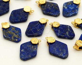 PD-2424-GD / 2 Pcs - Lapis Lazuli Flat Nugget on Hexagon Bail Charms, Natural Blue Gemstone Charms, Gold Plated over Brass Bail / 11x17mm