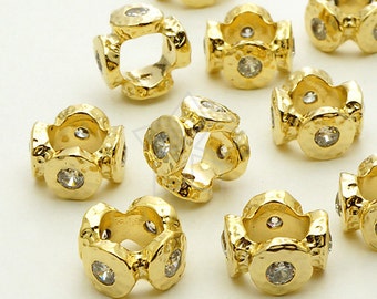 ME-176-GD / 2 Pcs - Stone Age Rough CZ Rondele Bead for Gemstone Bead Bracelet, Gold Plated over Brass / 10mm