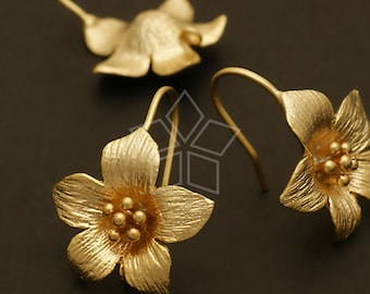 EA-091-MG / 2 Pcs - Azalea Hook Earrings, Flower Ear Hooks, Matte Gold Plated over Brass / 16x17mm