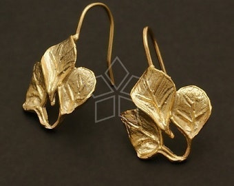 EA-055-MG / 2 Pcs - Triple Blade Earring, Leaf Ear Hooks, Matte Gold Plated over Brass / 14mm x 21mm