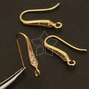EA-079-GD / 4 Pcs - Simple Tie Hook Ear Wires, Cubic Zirconia Setting Earrings Making Findings, Gold Plated over Brass / 16mm