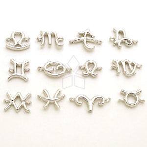 PD-2853-OR / 2 szt. - łącznik symbolu znaku zodiaku, zawieszka urodzinowa z dwoma pętlami w kolorze srebra rodowanego, wybierz swój znak!