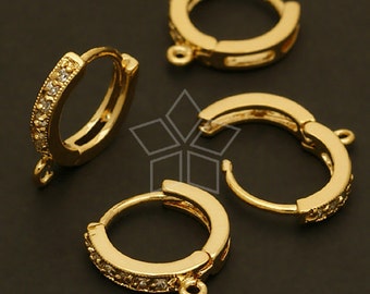 EA-085-GD / 2 Pcs - Cubic One-Touch Round Earring Findings, CZ Round Lever Back Huggie Hoop Earrings, Gold Plated over Brass / 12mm