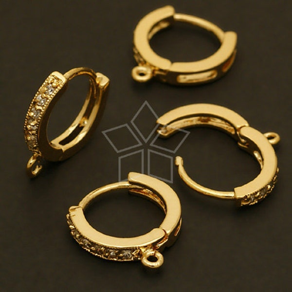 EA-085-GD / 2 Pcs - Cubic One-Touch Round Earring Findings, CZ Round Lever Back Huggie Hoop Earrings, Gold Plated over Brass / 12mm