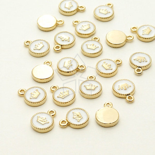 PD-824-GD / 2 Pcs - Mini Round White Enamel Epoxy Charms, Crown Tiara Pendant, Gold Plated over Brass / 6x8mm