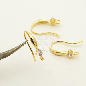 EA-216-GD / 4 Pcs - New CZ Simple Wave Hook Ear Wires, Single Cubic Stone Ear Hooks, 16k Gold Plated over Brass / 16.5mm