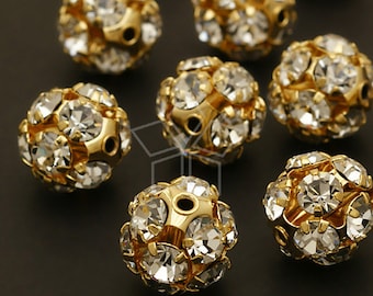 CU-019-GD / 2 Pcs - Sparkling Rhinestone Ball Bead, Clear Crystal Setting Bead Jewelry Findings, Gold Plated over Brass / 12mm